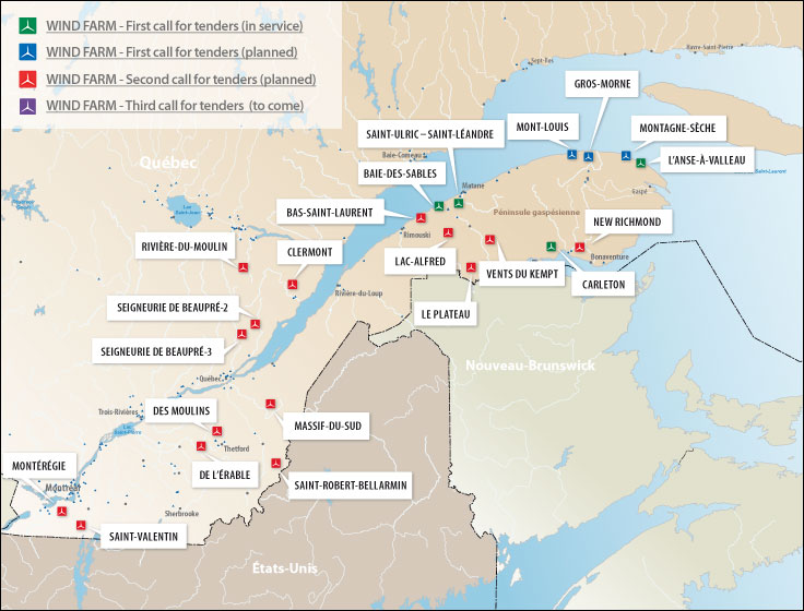 Image : Carte des parcs �olliens sous contrat avec Hydro-Qu�bec Distribution