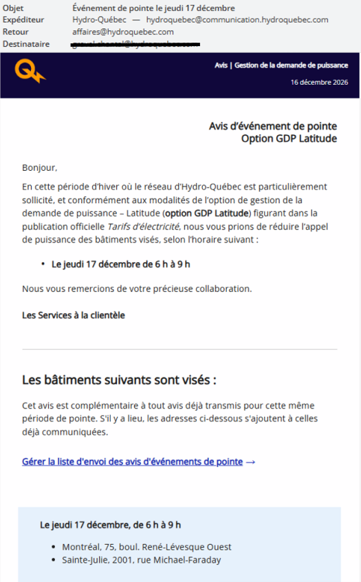 Exemple d'avis d'événement de pointe