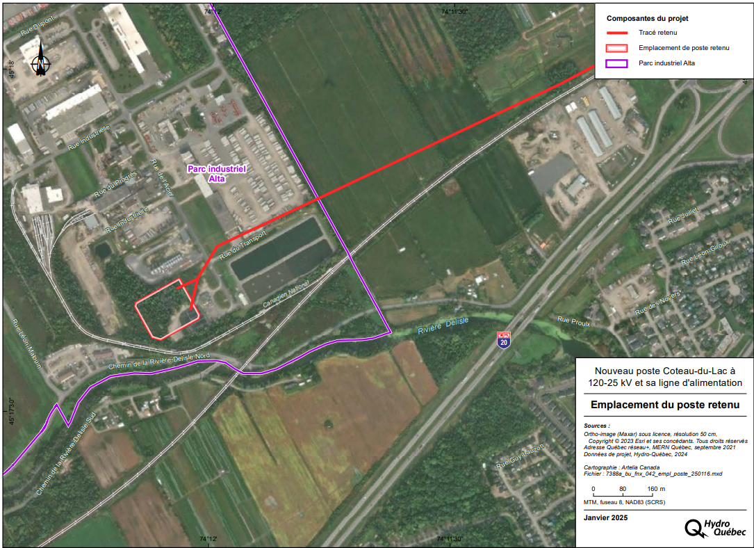 Carte montrant l'emplacement du futur poste de Coteau-du-Lac dans le parc industriel Alta, à proximité de la rue de l'Acier et de la voie ferrée du CN.